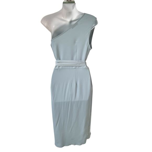 New Ruched Pale Blue Bodycon Dress Sz M One Shoulder Wrap Satin Cocktail Wedding - Picture 9 of 15